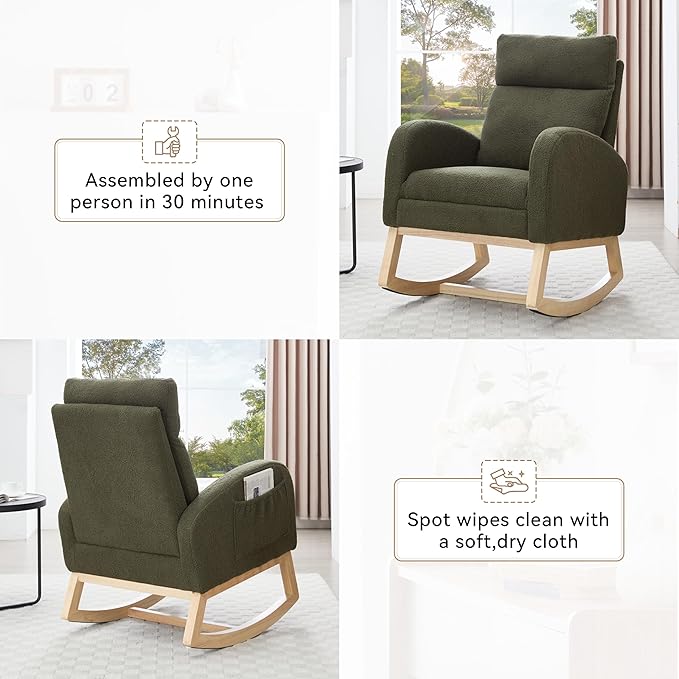 Setawix Teddy Rocking Glider Chair with Footrest for NurseryUpholstered Living Room Rocker Arm ChairLeisure Rocking ArmchairMid Century Modern Rocking Accent Chair with Side Pockets (Teddy Green)