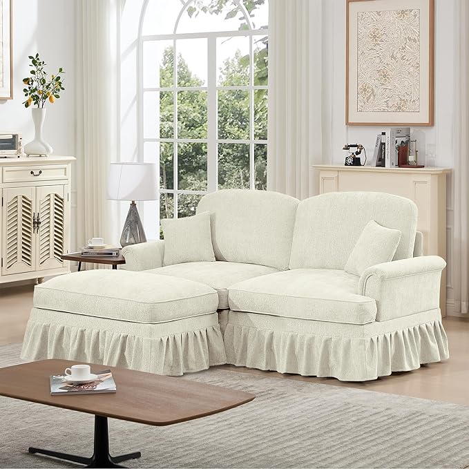 76 Chenille Loveseat Sofa for Living Room Traditional Sofa Couch with Ottoman Detachable Ruffled Skirt Flared Arms Spindle Legs Elegant Mid Century Sofa Couch for Apartment(White)