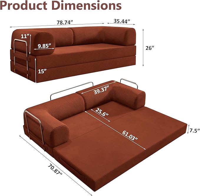 78.8 Convertible Sofa Bed 4-in-1 Folding Sleeper Couches Frameless SofaPull Out Couch Memory Foam Floor SofaNo Assembly Boneless Couch for Living Room