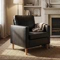 TYBOATLE Accent Chair Black Faux Leather Chair with Tufted Seat &amp Wood Legs Mid-Century Modern Living Room Chair Upholstered Comfy Reading Chair Armchair for Bedroom Waiting Room Office (1)