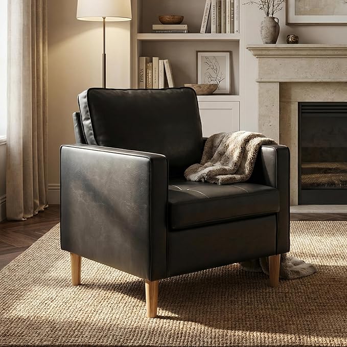 TYBOATLE Accent Chair Black Faux Leather Chair with Tufted Seat &amp Wood Legs Mid-Century Modern Living Room Chair Upholstered Comfy Reading Chair Armchair for Bedroom Waiting Room Office (1)