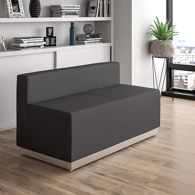 EMMA + OLIVER Black LeatherSoft Loveseat with Brushed Stainless Steel Base