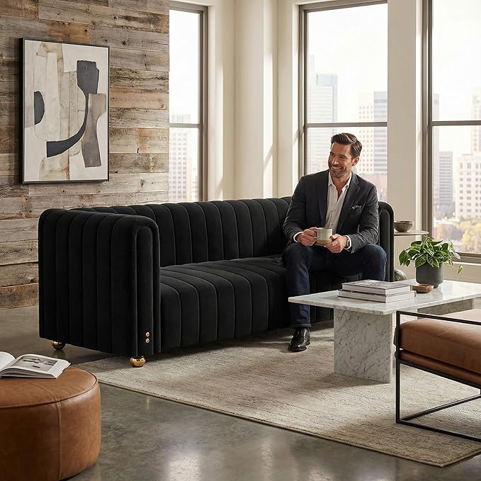 Modern Velvet Sofa SetMid-Century Accent Chair Loveseat Small Space Couch for Apartment Living Room Orange/Green/Black Velvet Upholstery High Back with Metal Legs Sofa (Black 3 Seater)
