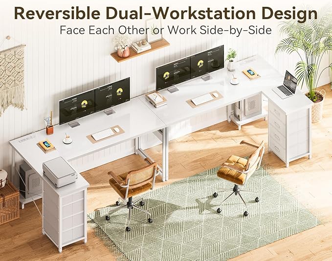 ODK 61'' L Shaped Desk with 4 Drawers Reversible Corner Desk with Storage Gaming Table with Power Outlets USB Ports PC Case Shelf Computer Desk for Home Office Study Easy Assembly White