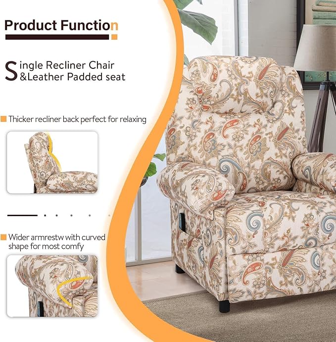 Manual Recliner Chair Massage Chair Recliners with Heat Pushback Recliners for Living Room Small Recliner Chairs for Small Spaces Fabric Overstuffed Single Sofa with Vibration Home TheaterFloral
