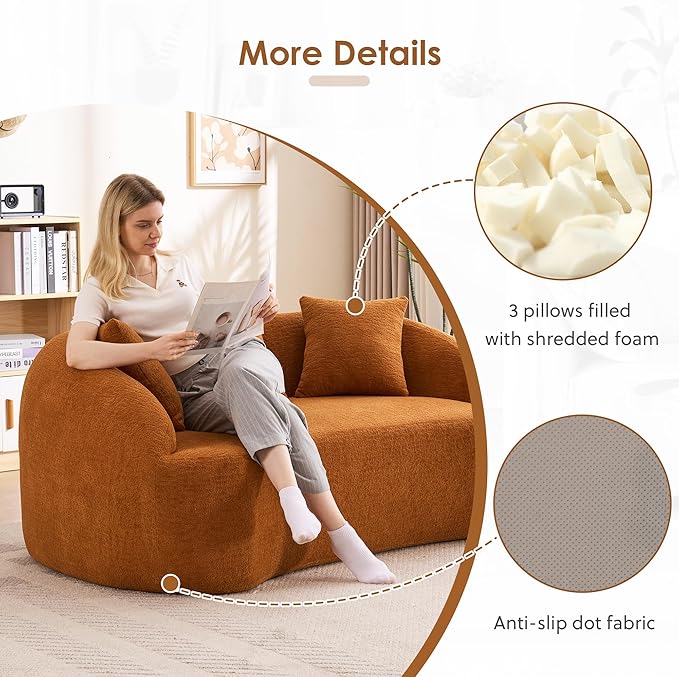 65” Beige Curved Couch&amp Loveseat Sofa with 3 Pillows Compression Couch with Round Armrest Suitable for Small Space Bedroom Living Room Memory Foam Chenille No Assembly (Upgraded Orange)