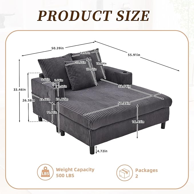 SLEERWAY Modern Corduroy Chaise Lounge Sofa Indoor - 55.9 Comfy Oversized Couch Bed with USB Ports Cup Holder Side Pocket Lights 3 Throw Pillows Lazy Recliner Chairs Living Room (Dark Gray)