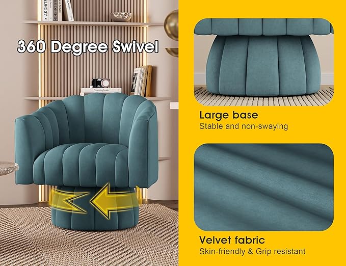 Accent Chair Mid Century 360 Degree Swivel ChairModern Lounge Sofa Round Barrel Chair with Wide UpholsteredFluffy Velvet Fabric Chairs for Home Sofa Living Room/Bedroom/Waiting Room (Blue)