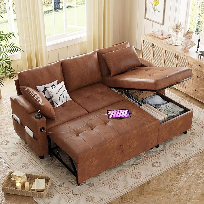 Esright Sleeper Sofa Bed 3-in-1 Pull Out Couch with Reversible Chaise Leather Sleeper Sofa with Storage USB Cup Holder Pullout Sectional Couches for Apartment Living Room Brown