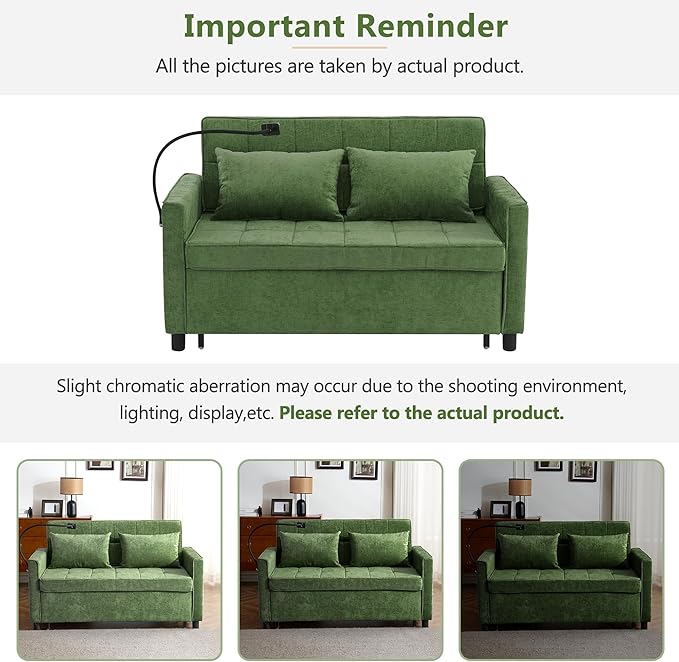 3 in 1 Convertible Sleeper Sofa Bed with Pull-out Bed 61 Chenille Chaise Lounge with 3-level Adjustable Backrest Tufted Loveseat with Phone Holder &amp 2 Soft Pillows for Living Room Apartment Gr