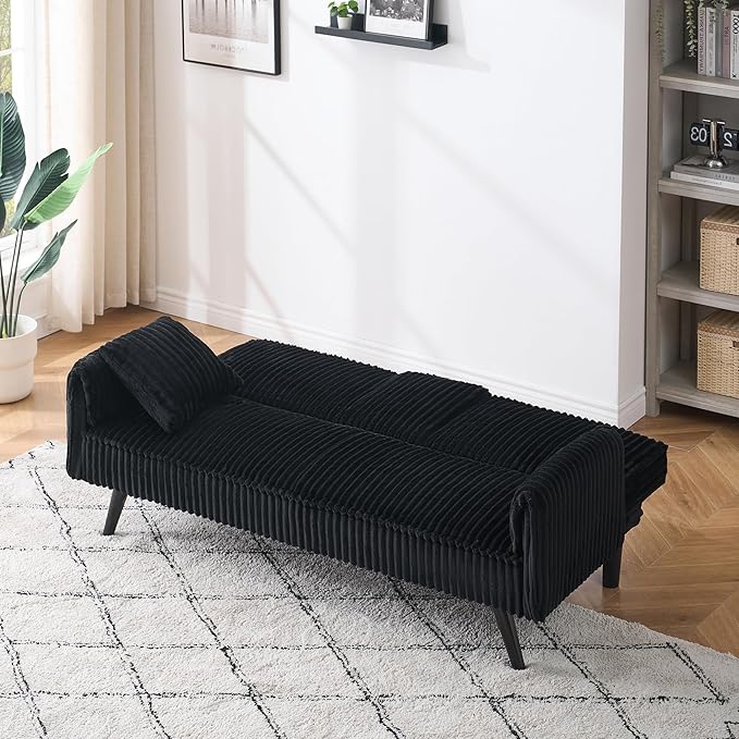 72 Modern Corduroy Sofa Bed FutonConvertible Sleeper Couch Bed with Cup Holder4 Reclining PositionsFolding Sofa Cloud Loveseat for Small Living Room Apartment Office (Black-New)