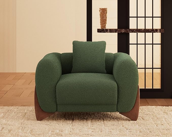 Morden Fort Sherpa Boucle Couch Armchair Single Modern Sofa Upholstered Deep Chair with Soft Throw Pillow Skin-Friendly Minimalist Accent Chair Compatible with Sofa Set Couch for Living Room Green