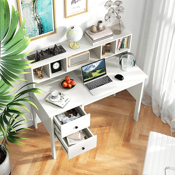GLOBALWAY48” Computer Desk Study Writing Desk with 5-Cube Hutch 2 Drawers &amp Charging Station Home Office Workstation for Living Room Study &amp Bedroom White