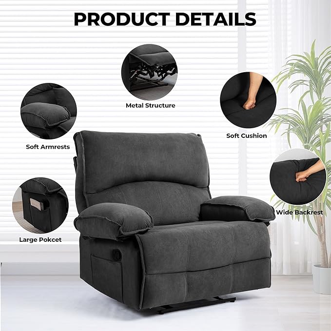 Extra Wide Velvet Manual Recliner Chair for Adults Oversized 27’’ Seat Width Reclining Sofa with Massage and Heating for Big and Tall People Overstuffed Lazy Boy Couch for Living Room Grey
