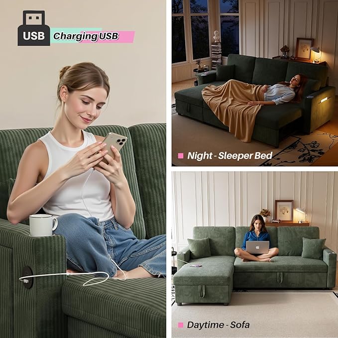 Sleeper Sectional Sofa 83 Convertible Sofa Bed with Pull Out Couches Small Desktop L Shaped Couch with Reversible Chaise Cup Holders USB Modern Corduroy Sofas for Living Room Apartment Green