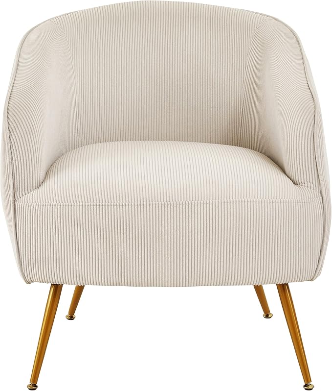 Modern Corduroy Accent Chair with Gold Metal Legs Channel Back Design and Soft Upholstery Comfortable Seating for Living Room Bedroom or Office Beige