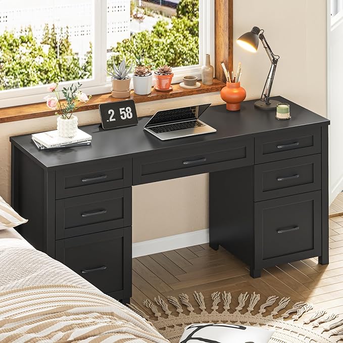 Vabches Farmhouse 61'' Executive Desk with 5 Drawers Rustic Office Desk Computer Table with File Drawers and Storage Cabinet Wood Workstation for Study and Home Office(Pure Black)