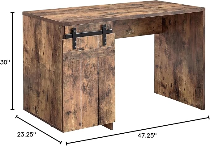 Home Office Desk Distressed Wood One Cabinet Three Shelves Faux Barn Door on Metal Euro Hinges Modesty Panel