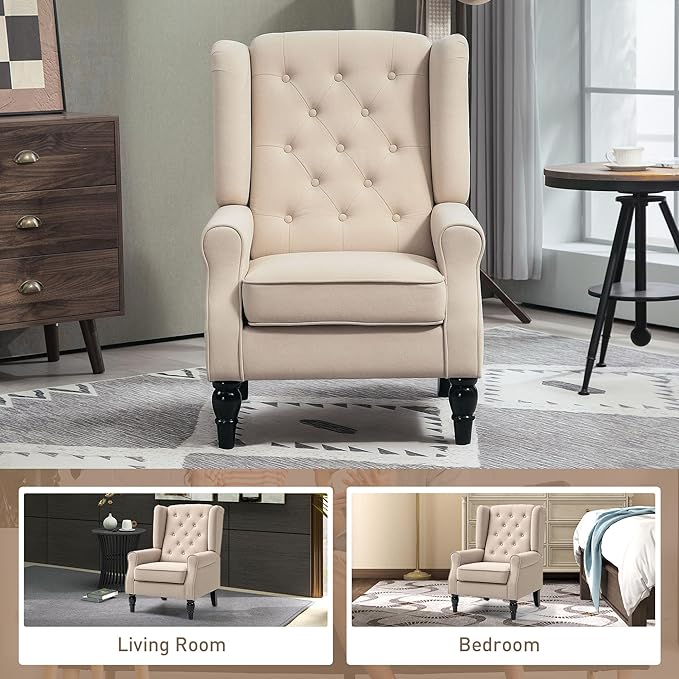 HOMCOM Mid-Century Modern Accent Chair High Wingback Reading Chair Button-Tufted Upholstered Fabric Armchair with Retro Wood Legs for Apartment Living Room Bedroom Beige