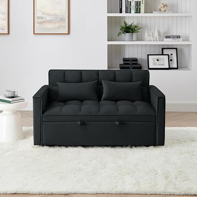 KEIKI 54.33 Pull-Out Sofa Couch Bed 2 in 1 Convertible Velvet Sleeper Sofa with Adjustable Back for Apartment Living Room Black