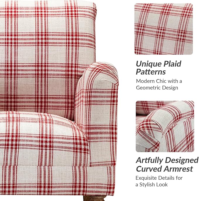 HULALA HOME Modern Accent Chair with Arms and Wooden Legs Comfy Upholstered Armchair for Bedroom Living Room (Plaid Pattern Red)