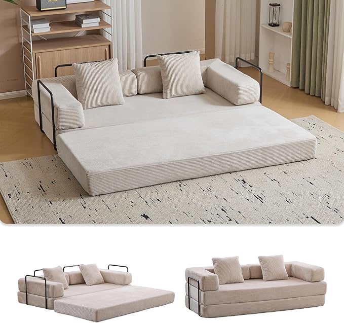 Folding Sofa Bed Modular Sectional Cloud Couch Convertible Sleeper Sofa Bed with Pillow Back Support Armrest for Living Room Bedroom Lounge No Assembly Required Corduroy (Beige)