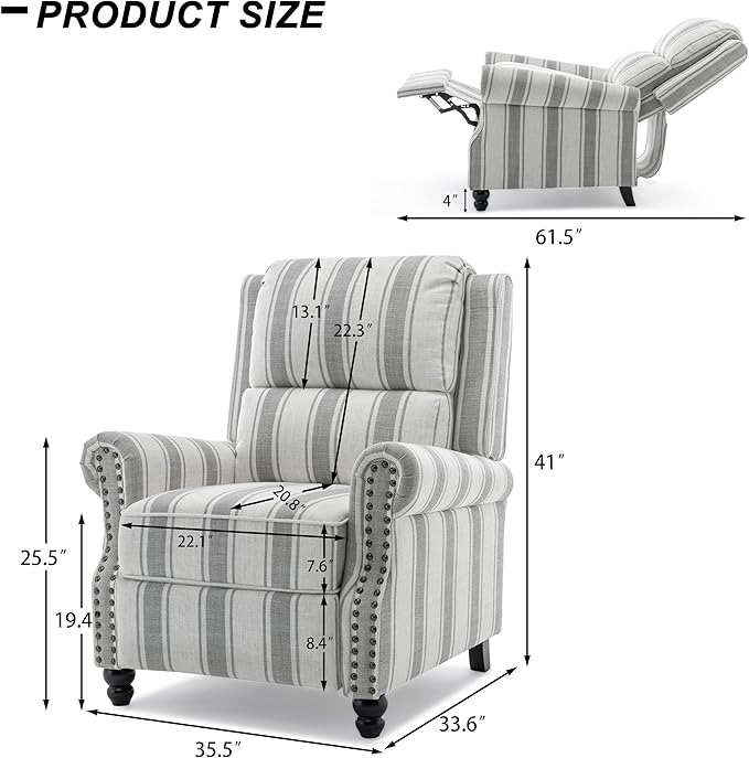 Recliner Chair Modern Pushback Armchair with Adjustable Backrest &amp Footrest for Bedroom Living Room (Grey StripeSet of 1)