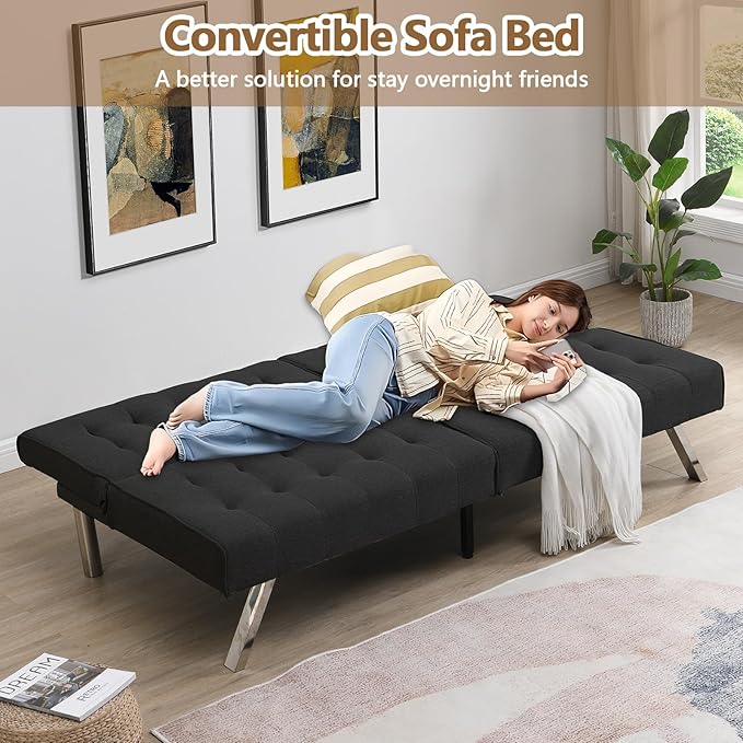 Modern Convertible Futon Sofa Bed Adjustable Loveseat Futon Couch with Metal Legs Upholstered Sofa Bed with Wood Frame Sleeper Couches for Small Compact RV Living RoomOffice (Black-Fabric)