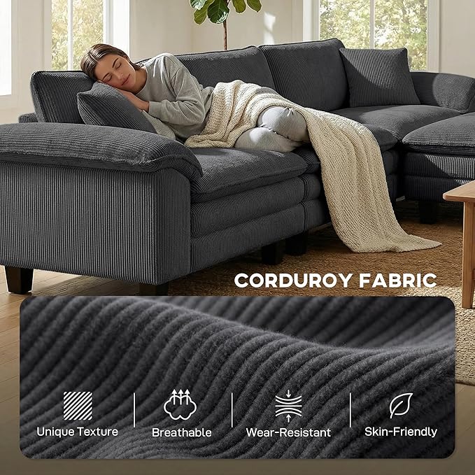 HOMCOM Modular Sectional Sofa Couch 124 Oversized L Shape Sectional Cloud Couch with Deep Seat Movable Ottoman and Pillow-top Armrests for Living Room Bedroom and Apartment Dark Gray | Deep seat