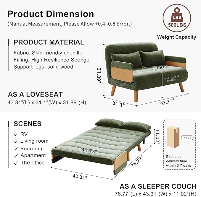 Sleeper Convertible Sofa Bed 3-in-1 Folding Sofa Bed Chair with Adjustable Backrest Thick Cushioned Seat futon Sofa Bed for Small SpacesBedrooms &amp Offices(43.31)