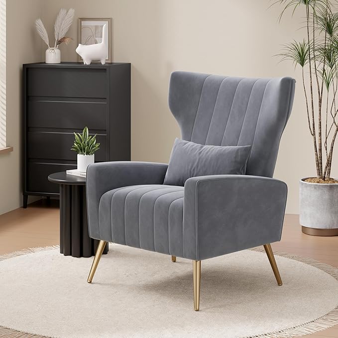 Nalupatio Velvet Fabric Upholstered Reading Comfy Mid Century Modern Armchair with Metal Legs and Spring Support Accent Chair for Living RoomGrey