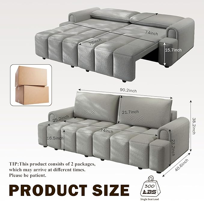 KEIKI 90.2 Space-Saving Convertible Sofa Bed – 3-in-1 Sleeper Couch with Deep Seats Storage Modern Teddy Fabric Sofa for Apartment Small Spaces Studio Living Multifunctional Sofa Bed with Wheels