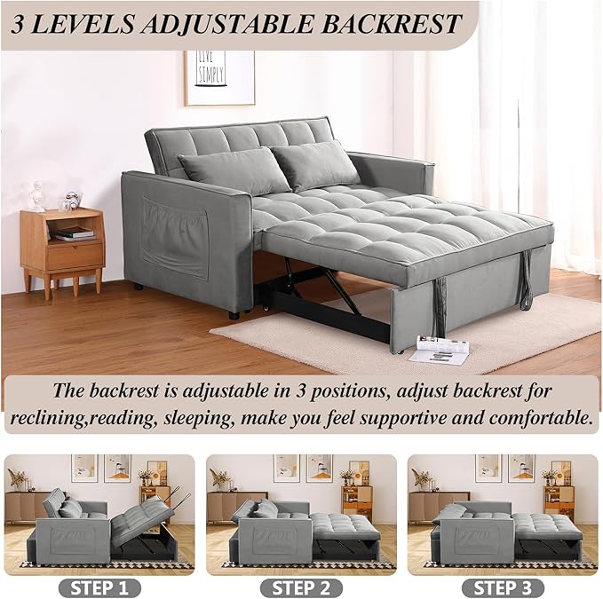 Sleeper Sofa Velvet Pull Out Sofa Bed Convertible Sofas Adjustable Backrest Pullout Loveseat Sofa Couch Side Pocket for Living RoomOfficeSmall SpaceGrey
