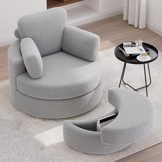 MEISSALIVVE Swivel Accent Chair - Swivel Chair with Ottoman Cuddle Round Lounge Sofa with Pillow 360° Rotating Barrel Sofa Chairs for Living Room (Grey)