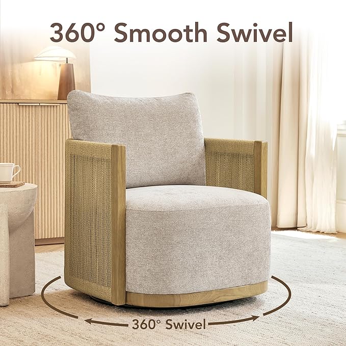 CHITA Braid Swivel Accent Chairs Modern Comfy FSC Certified Armchair with Paper Cord &amp Wood Frame for Living Room and Bedroom Fully Assembled - Mink
