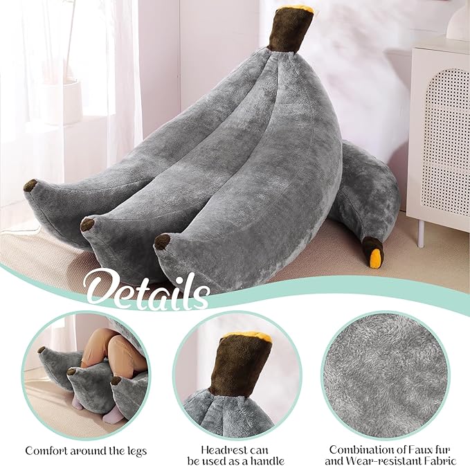 Banana Bean Bag Chair with Ottoman Floor Sofa Bed with Footrest Comfy Convertible Lounger for Adults Plush Couch for Bedroom Living Room or Dorm L-Grey