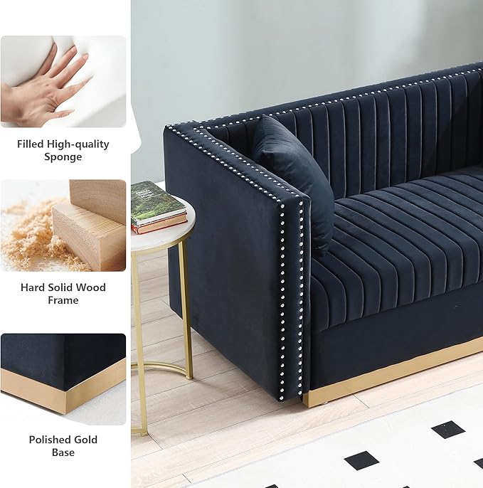 Modern Velvet Loveseat Sofa 61.4 Inch Vertical Channel Tufted Sofa Couch Luxury 2 Seater Couch with Gold Metal Legs for Living Room Bedroom Apartment Black