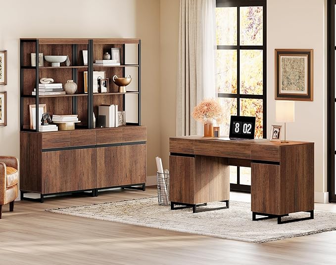 WAMPAT 59 Modern Executive Desk with Drawers Home Office Computer Desk with Charging Station File Drawer Storage Cabinet Wood Writing Desk for Work and Study Dark Brown