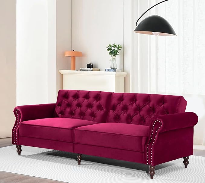 Legend Vansen 87.8 inchs Convertible Velvet Bed Sleeper Futon Sofas Wine Red