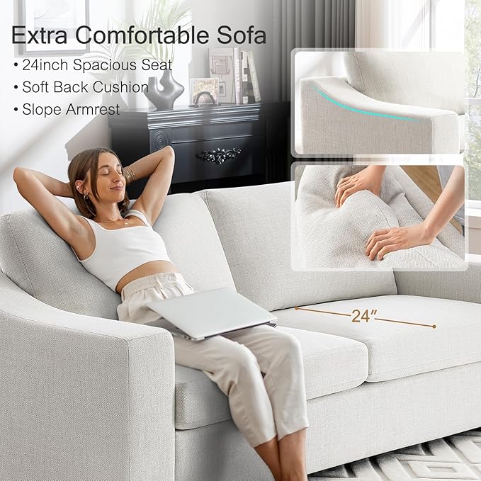 ELUCHANG 85 Modern Sofa Couches for Living Room 3 Seater Natural Linen Sofa with Extra Deep Seats Upholstered Cushion&ampDetachable Cover Comfy Couch for Small Space Apartment White 2PC | Brea
