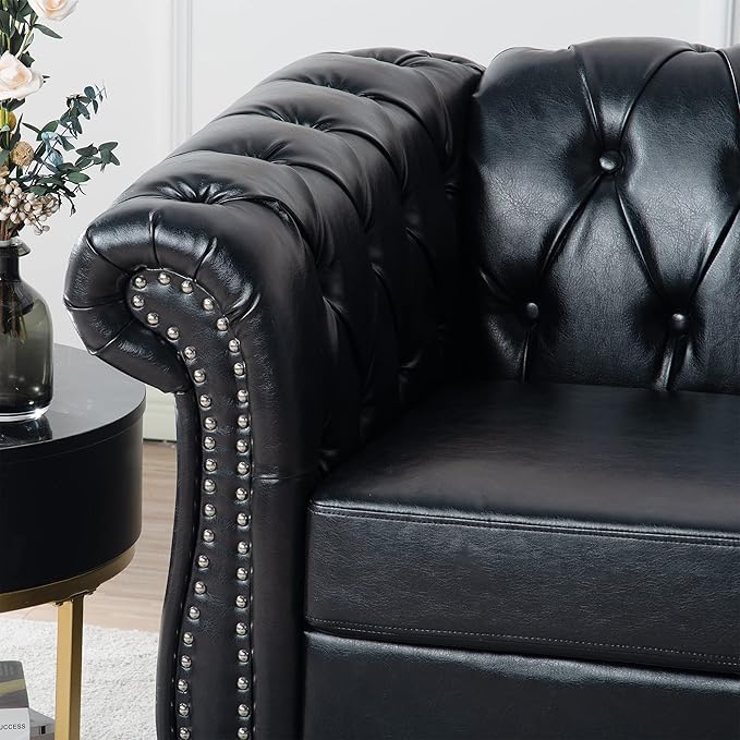 39 Chesterfield Fabric Single Sofa FurnitureUpholstered Sofa with Tufted BackRoll Arm Classic Chesterfield Settee Couches for Living RoomOffice (Black + PU)