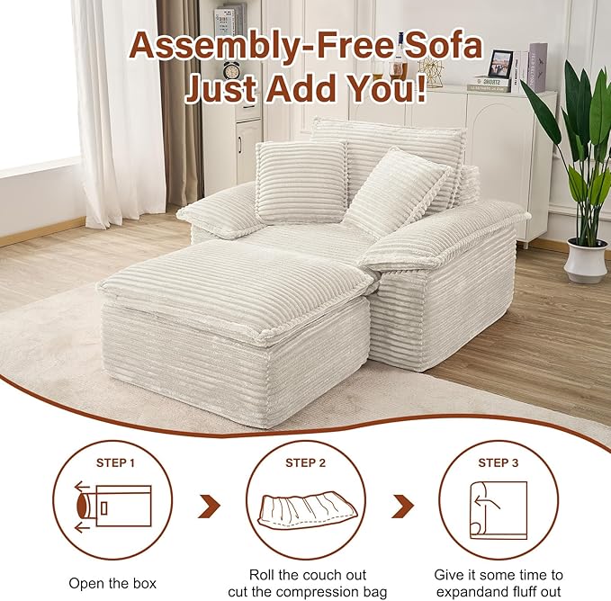 Boneless Sofa with Removable OttomanUpholstered Sofa Bed with PillowsPlush Faux Fur Lounge Reading Chairs with ArmrestsCloud Couches for Living RoomNo Assembly Required (White Single seat) | No A