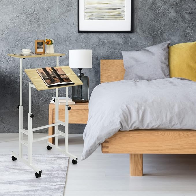 COSTWAY Mobile Standing Desk Height Adjustable Rolling Laptop Cart w/Tilting Desktop for Standing or Sitting Lockable Casters Home Office Computer Workstation for Small Spaces (Natural)