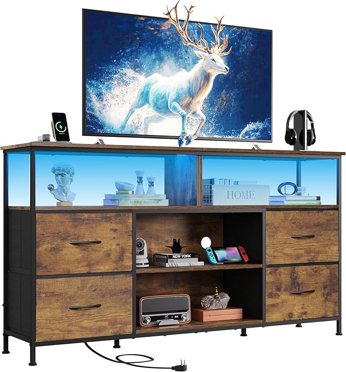 WLIVE TV Stand Dresser for 505560 inch TV Entertainment Center with LED Lights &amp Fabric Drawers Dresser TV Stand for Bedroom and Living Room with Open Shelves Rustic Brown