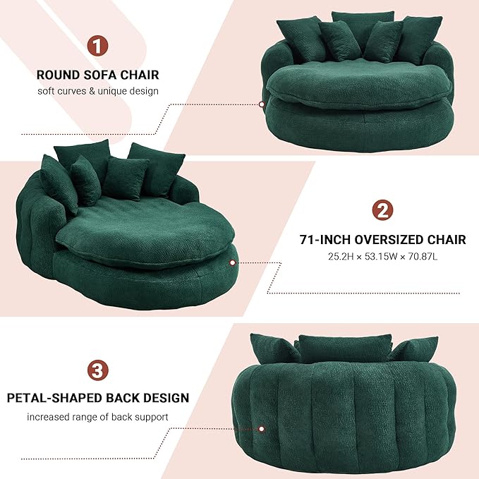 71 Oversized Round Chair Giant Bean Bag Couch Chairs for Adults Fluffy Chenille Boneless Couch Circle Bed with 5 Pillows Extra Deep Seat for Living Room Lounge No Assembly Required (Emerald)
