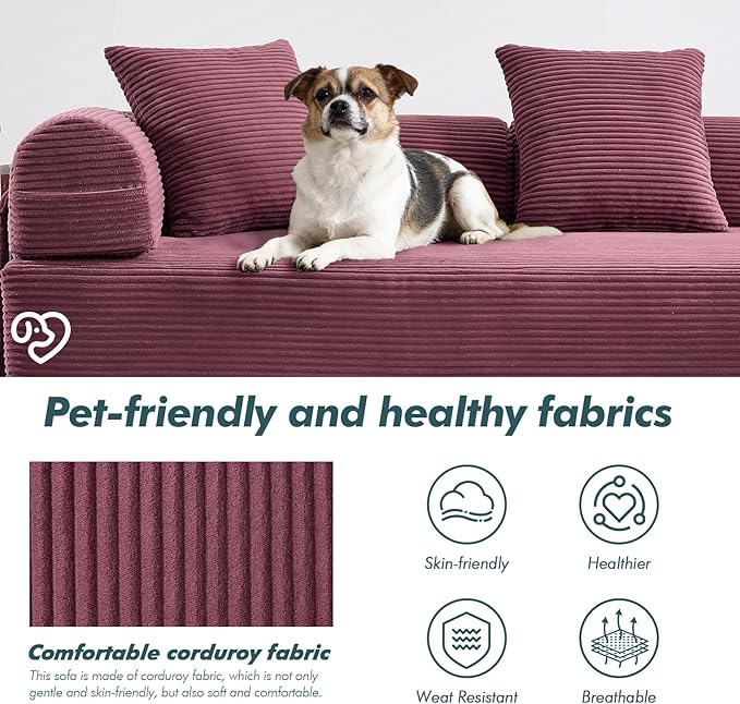 10-in-1 Folding Convertible Sofa Bed 141 Inch Boneless Couch with Fixed-Shape Frame Corduroy Modular Sectional Sofa Mattress Sleeper Sofa Floor Sofa Futon Couch for Living Room (Wine Red)