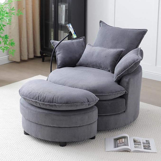 Swivel Barrel Accent Sofa Chair with Phone Holder &amp Storage Ottoman 360 Degree Modern Comfy Corduroy Oversized Leisure Chaise Lounge Arm Chair for Nursery Living Room Hotel Bedroom Office Gr