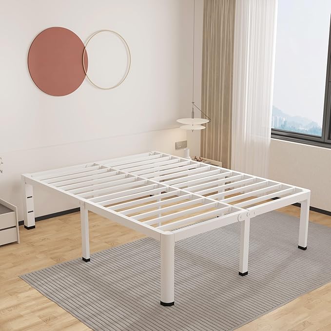 ROIL 12 Inch White King Bed Frame with Rounded Corner and Headboard Hole Mattress Retainers 3500LBS Heavy Duty Steel Slats No Box Spring Needed Platform Noise-Free Easy Assembly