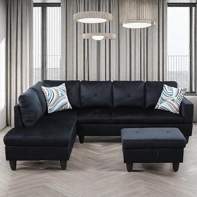 L Shaped Sectional Couch with Ottoman Modern Lounge Modular Sectional Sofa with Storage L Shaped Couch for Living Room Bedroom Dark Blue