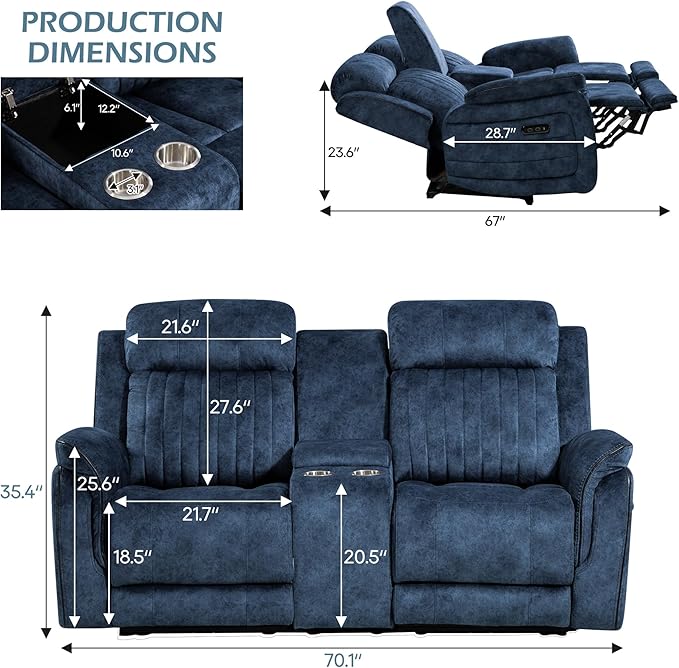 Power Zero Gravity Reclining Loveseat with Adjustable Headrest Double Reclining Loveseat with Console Power Loveseat Recliner with USB &amp Type-C Ports for Living Room (Blue)